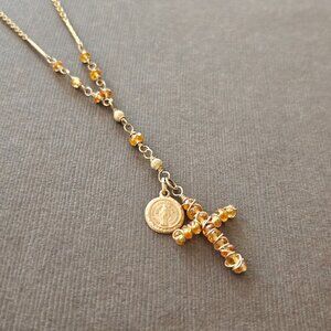 Golden Sapphire Cross Necklace 14k Gold Metal Necklace - SOLD